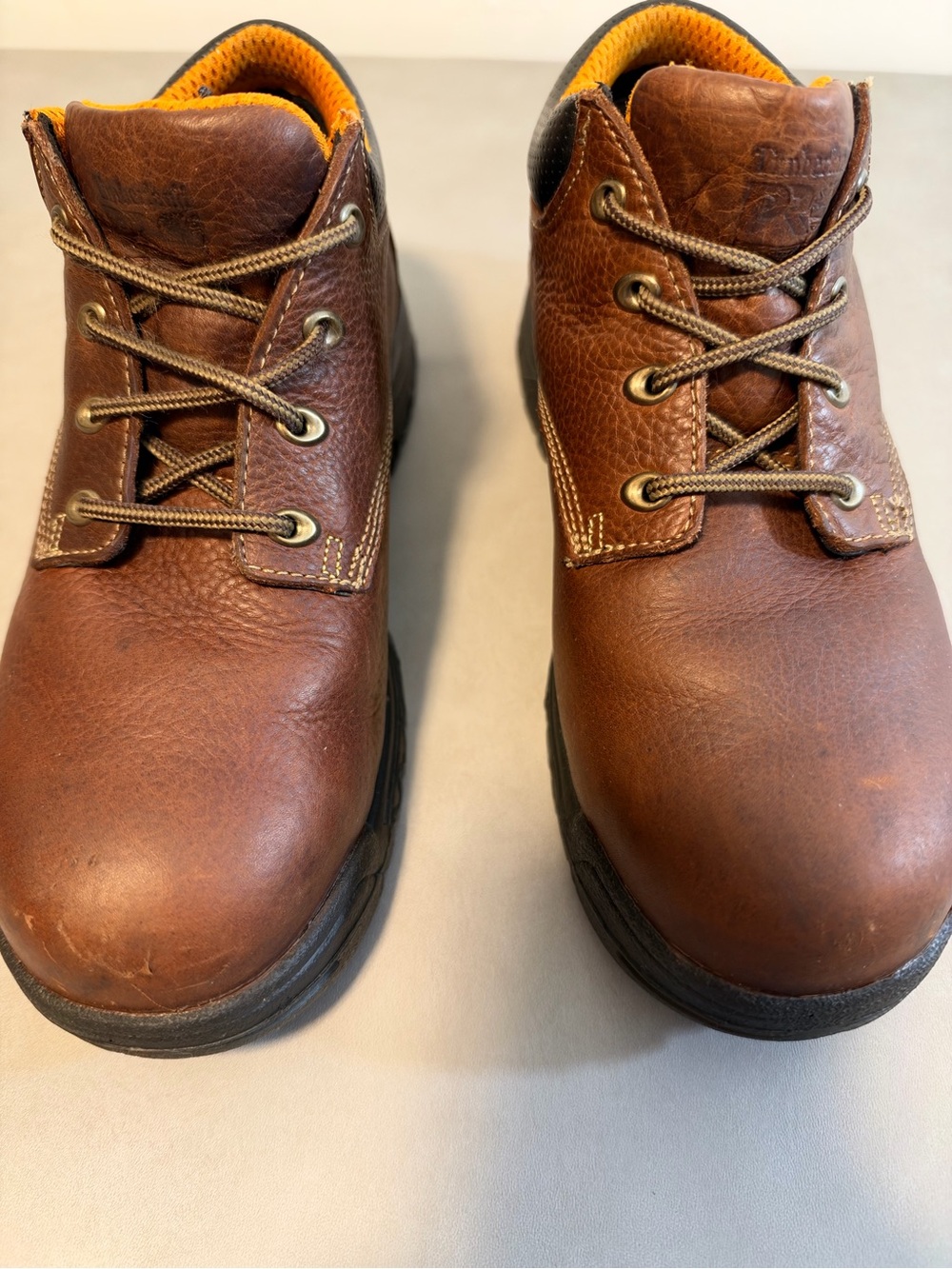 Timberland Brown Leather Work Boots with Black Soles and Yellow Lining